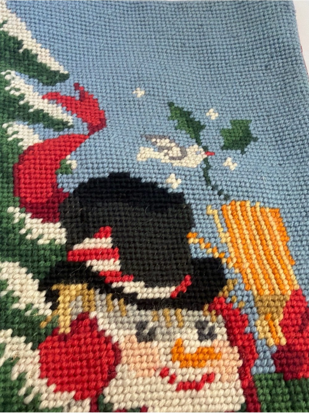 Vintage Wool Needlepoint Christmas Stocking Velvet Let It Snow Snowman - Picture 5 of 15